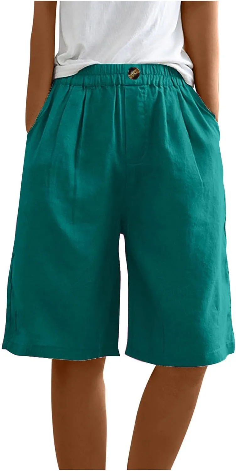 Cotton Linen Pants for Women Half Shorts Pants Summer Elastic Waist Buttons Solid Color Casual Pockets Pants