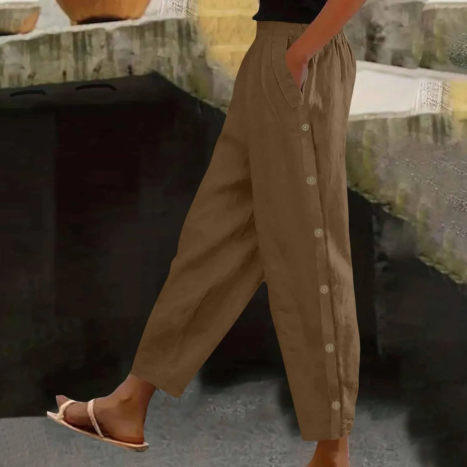 Cotton Linen Pants for Women Wide Straight Leg Side Button Pant Teen Girls 2025 Baggy Elastic Waist Comfy Crop Trouser