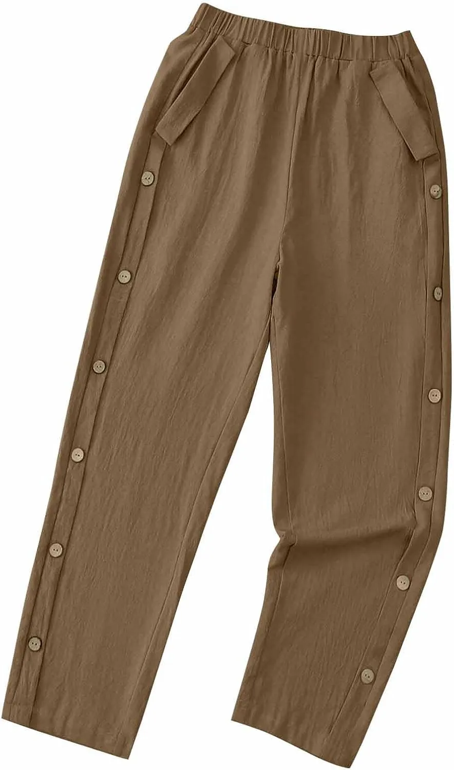 Cotton Linen Pants for Women Wide Straight Leg Side Button Pant Teen Girls 2025 Baggy Elastic Waist Comfy Crop Trouser