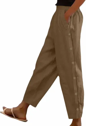 Cotton Linen Pants for Women Wide Straight Leg Side Button Pant Teen Girls 2025 Baggy Elastic Waist Comfy Crop Trouser