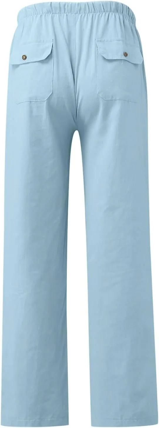 Cotton Linen Pants Women 2025 Casual Straight Leg Drawstring Elastic Hight Waist Trousers Pockets Loose Palazzo Pants