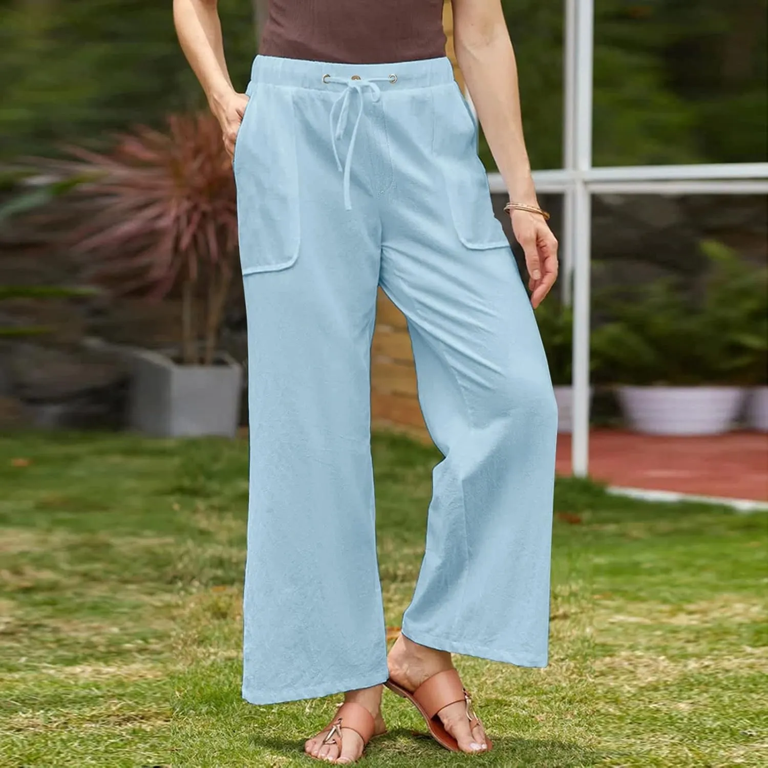 Cotton Linen Pants Women 2025 Casual Straight Leg Drawstring Elastic Hight Waist Trousers Pockets Loose Palazzo Pants