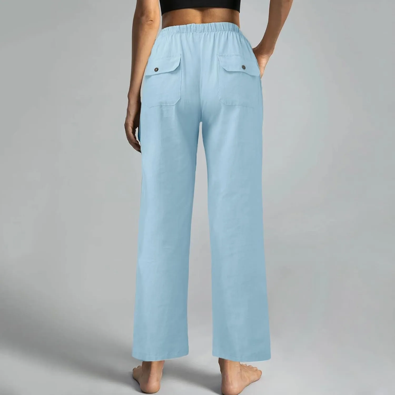 Cotton Linen Pants Women 2025 Casual Straight Leg Drawstring Elastic Hight Waist Trousers Pockets Loose Palazzo Pants
