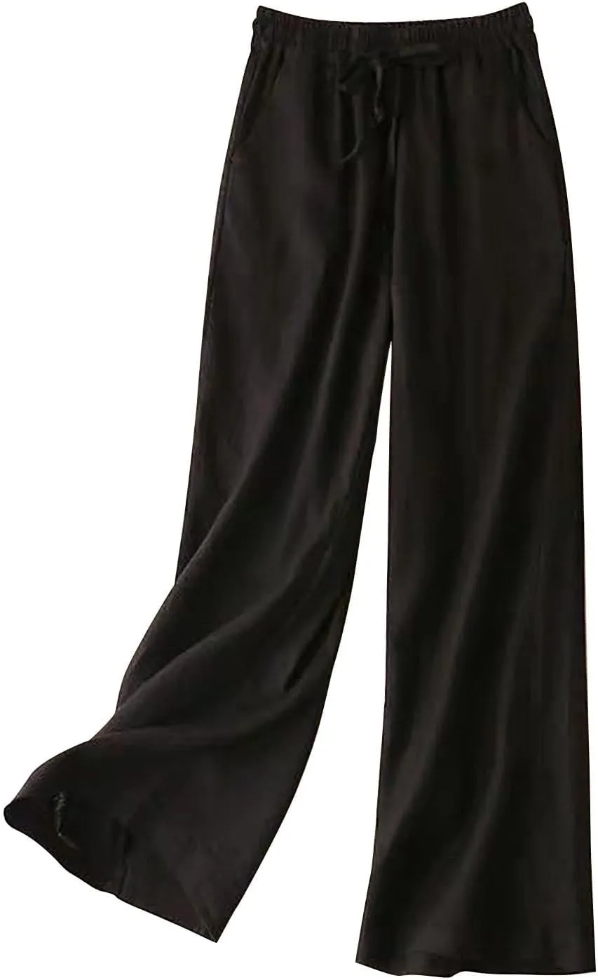 Cotton Linen Pants Women Casual Drawstring Elastic Waist Straight Leg Trousers Solid Color Lounge Pocket Pants