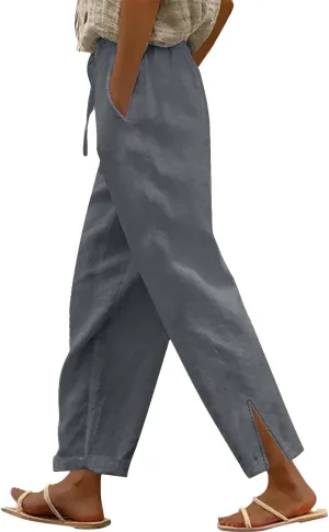 Cotton Linen Pants Women Elastic Drawstring High Waisted Pants Baggy Wide Leg Side Slit Boho Beach Pants with Pockets