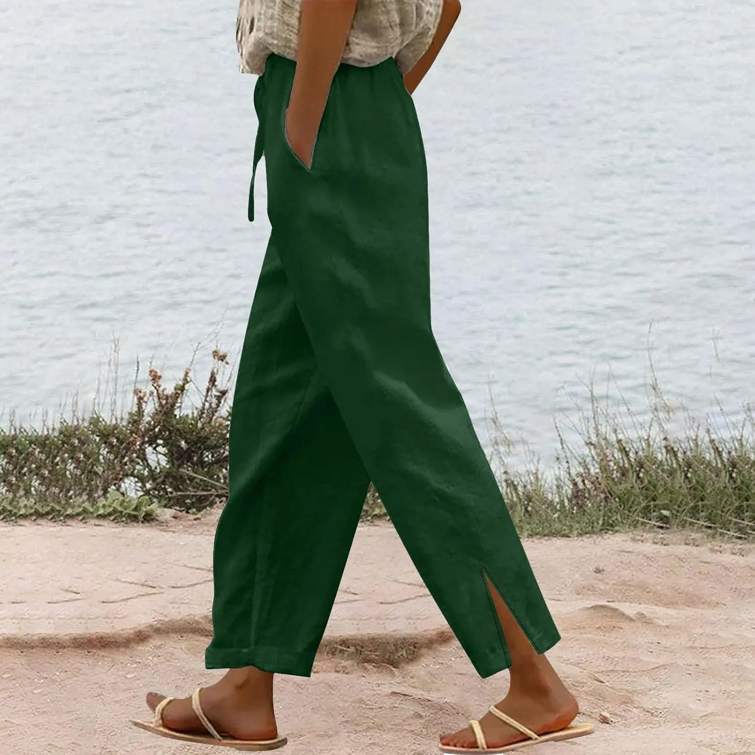 Cotton Linen Pants Women Elastic Drawstring High Waisted Pants Baggy Wide Leg Side Slit Boho Beach Pants with Pockets
