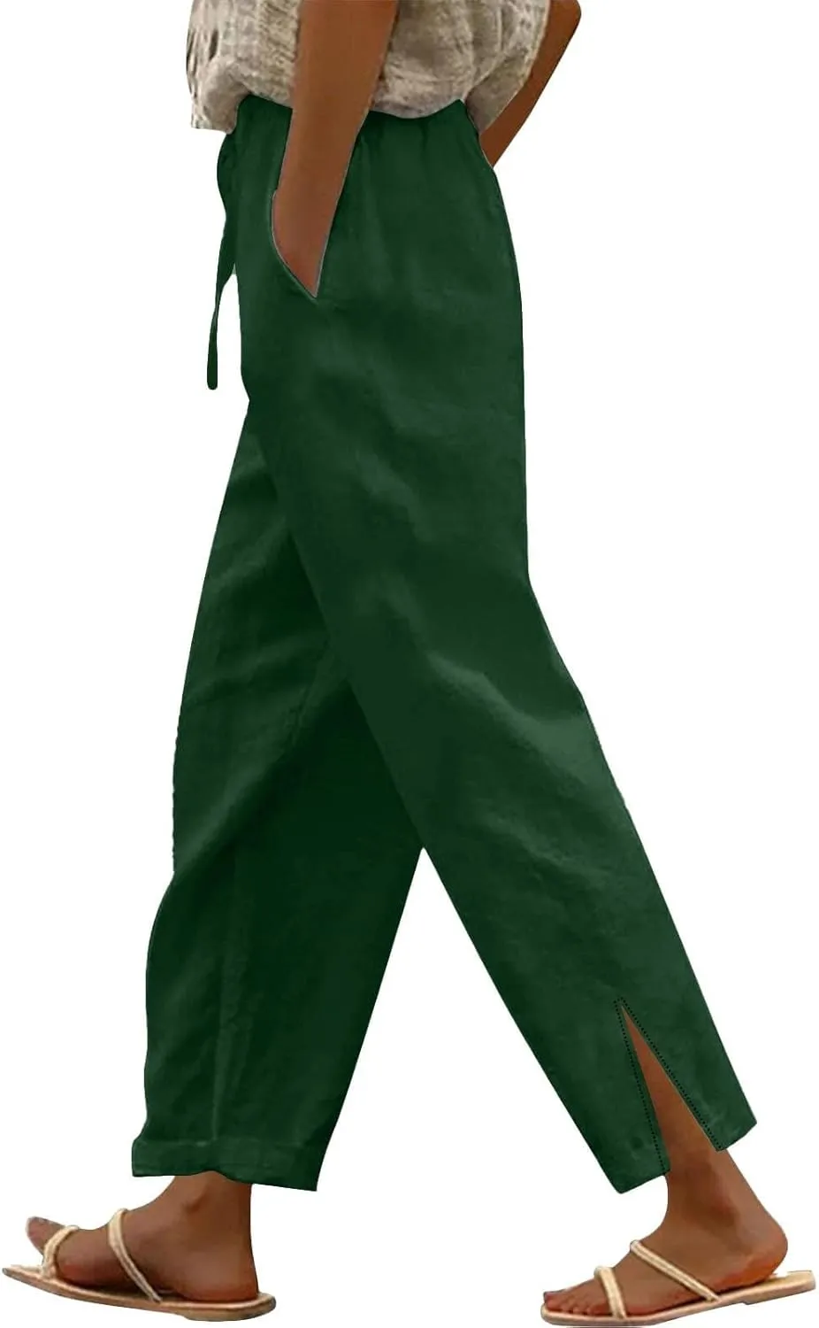 Cotton Linen Pants Women Elastic Drawstring High Waisted Pants Baggy Wide Leg Side Slit Boho Beach Pants with Pockets