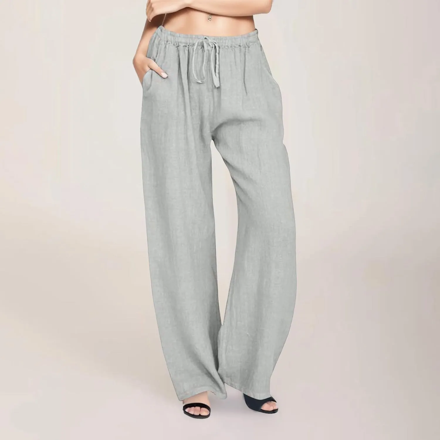 Cotton Linen Pants Women Straight Leg Casual Elastic High Waist Drawstring Work Trousers Loose Summer Palazzo Pants