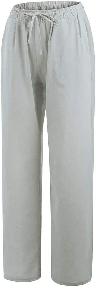 Cotton Linen Pants Women Straight Leg Casual Elastic High Waist Drawstring Work Trousers Loose Summer Palazzo Pants