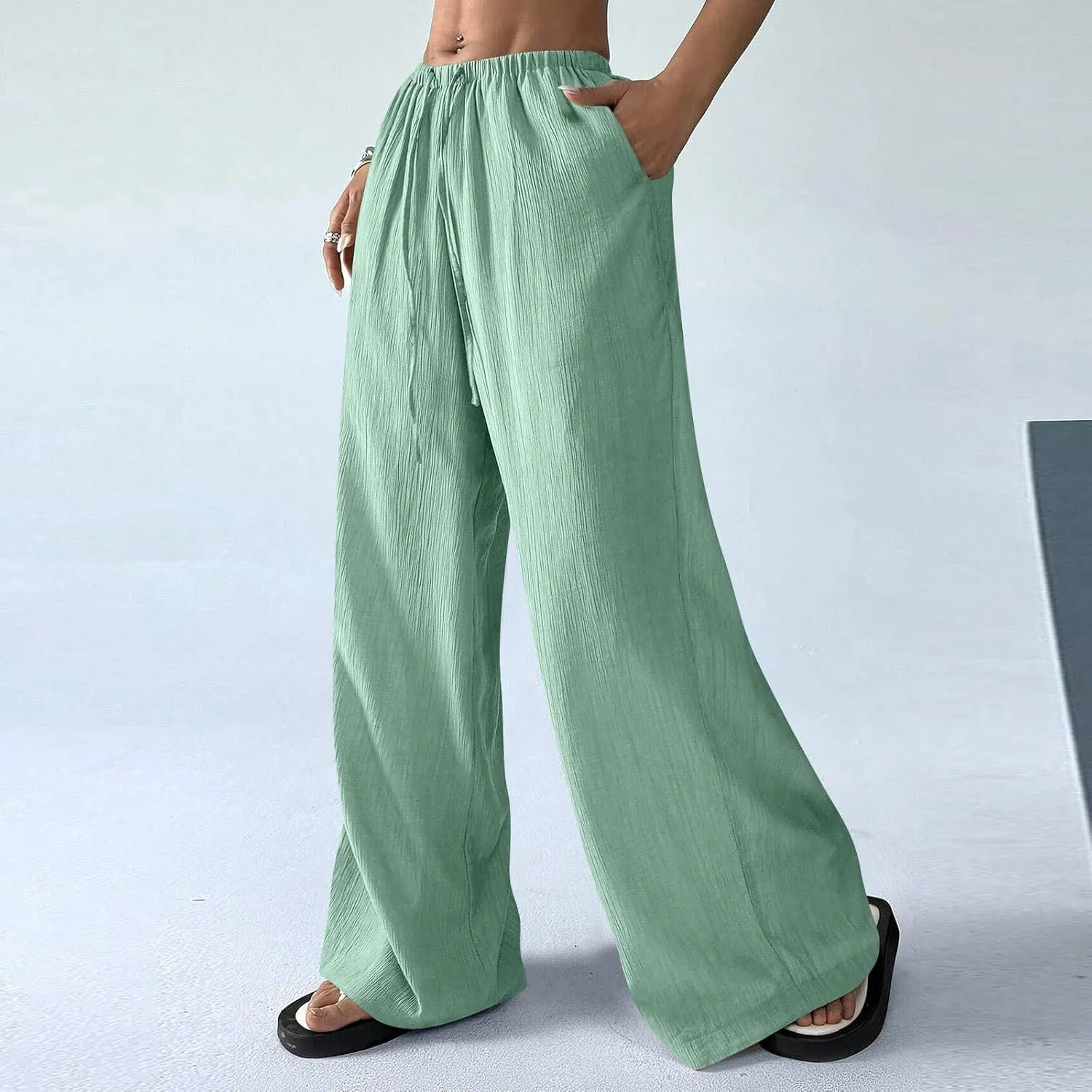 Cruise Pants for Women 2025 Vacation Outfits Drawstring Flowy Casual Pants with Pockets Wide Leg Lightweight Beach Sweatpants