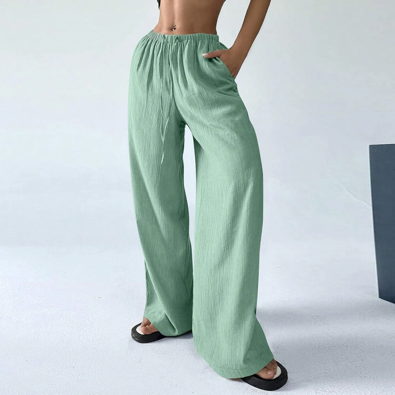 Cruise Pants for Women 2025 Vacation Outfits Drawstring Flowy Casual Pants with Pockets Wide Leg Lightweight Beach Sweatpants