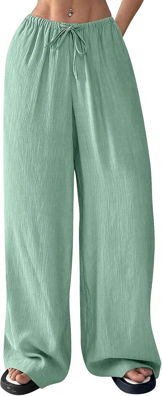 Cruise Pants for Women 2025 Vacation Outfits Drawstring Flowy Casual Pants with Pockets Wide Leg Lightweight Beach Sweatpants