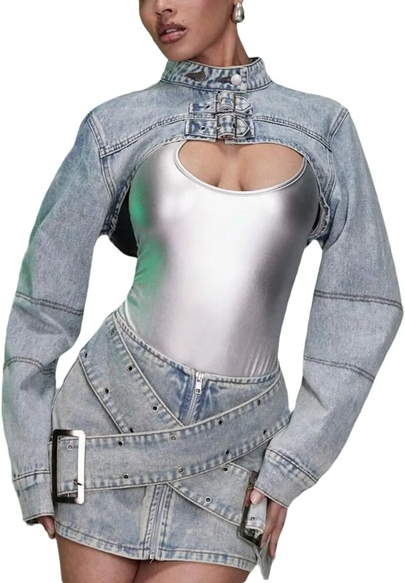 Denim Skirt Sets Women 2 Piece Outfits Jean Mock Neck Cropped Jacket High Waisted Skirt Matching Sets Women Clothing