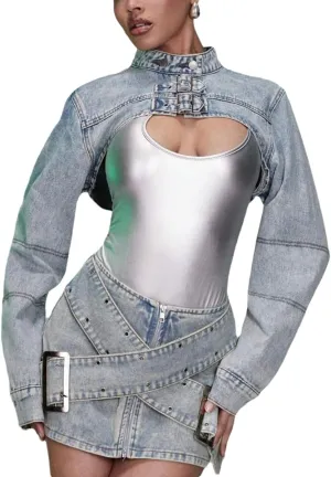 Denim Skirt Sets Women 2 Piece Outfits Jean Mock Neck Cropped Jacket High Waisted Skirt Matching Sets Women Clothing