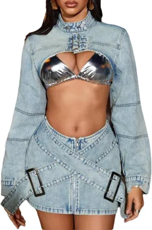 Denim Skirt Sets Women 2 Piece Outfits Jean Mock Neck Cropped Jacket High Waisted Skirt Matching Sets Women Clothing