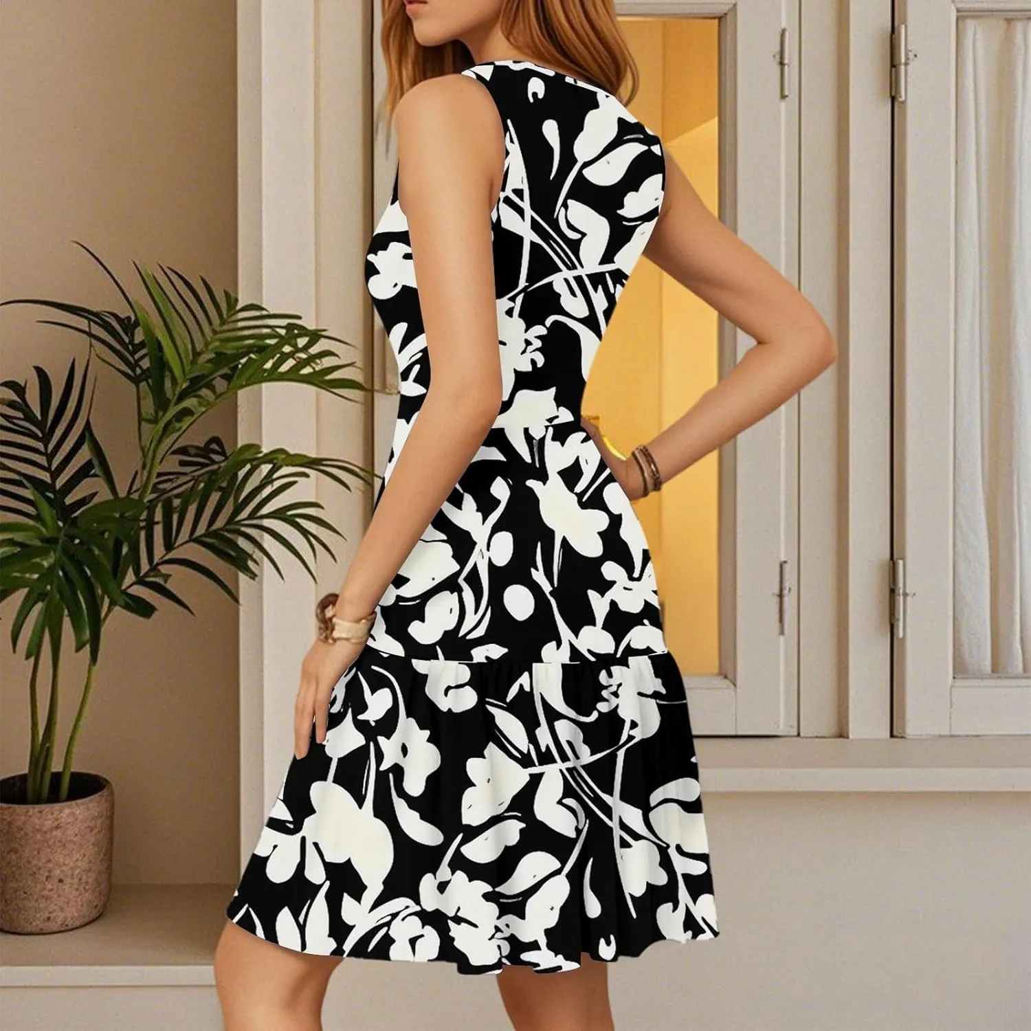 Dresses for Women 2025 Elegant Classy V Neck Sleeveless Floral Print Hem Pleated Dress Summer Vacation Sundress