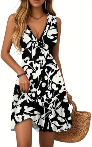 Dresses for Women 2025 Elegant Classy V Neck Sleeveless Floral Print Hem Pleated Dress Summer Vacation Sundress
