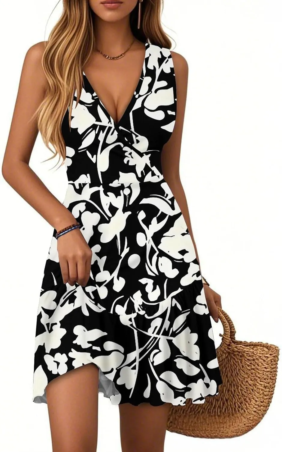 Dresses for Women 2025 Elegant Classy V Neck Sleeveless Floral Print Hem Pleated Dress Summer Vacation Sundress