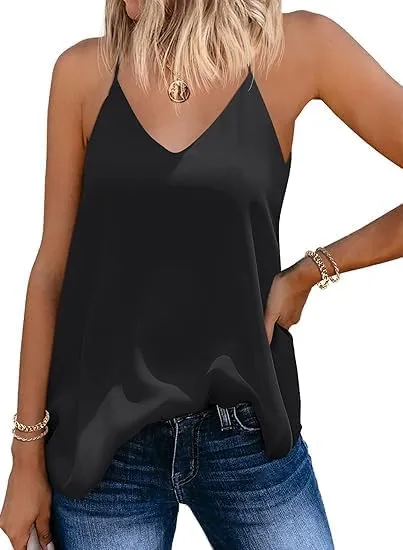 ELESOL Chiffon Cami V Neck Tank Tops for Women Loose Fit Flowy Spaghetti Strap Camisole Summer Casual Sleeveless Shirts
