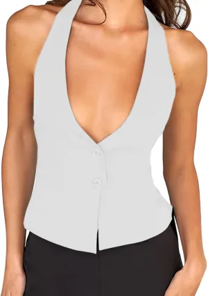 Fanway&EC Women's Casual V Neck Button Front Crop Vest Sleeveless Sexy Halter Backless Waistcoat Jacket