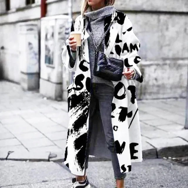 Fashion Lapel Collar Button Long Outwear Pattern Print Cardigan Coats