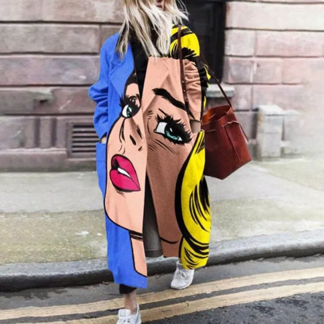 Fashion Lapel Collar Button Long Outwear Pattern Print Cardigan Coats