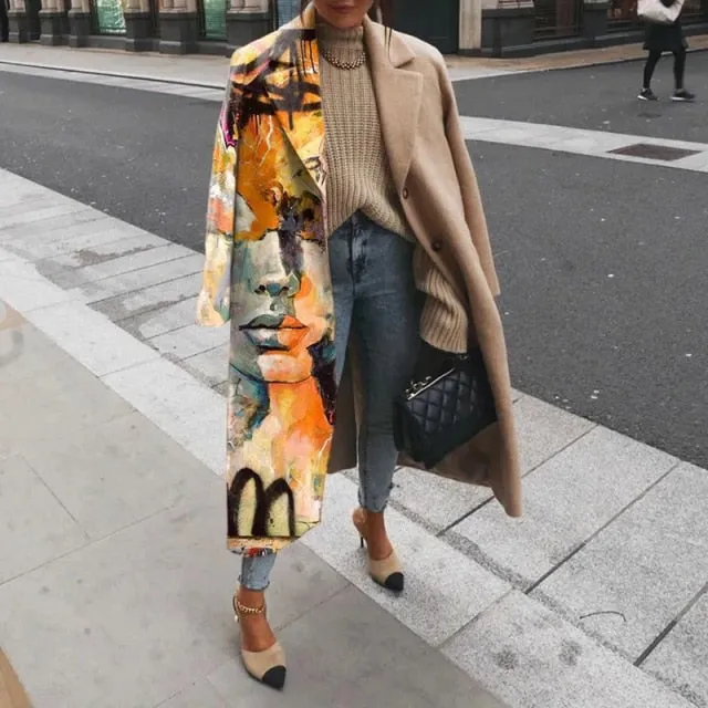 Fashion Lapel Collar Button Long Outwear Pattern Print Cardigan Coats