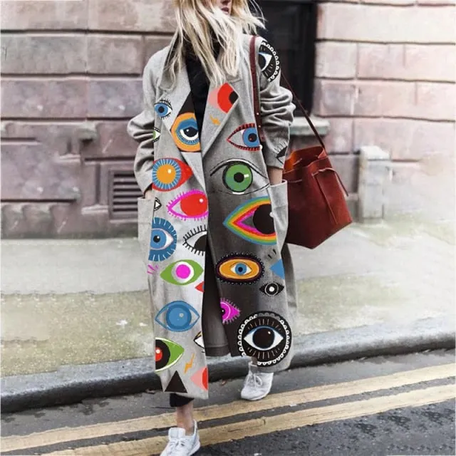 Fashion Lapel Collar Button Long Outwear Pattern Print Cardigan Coats