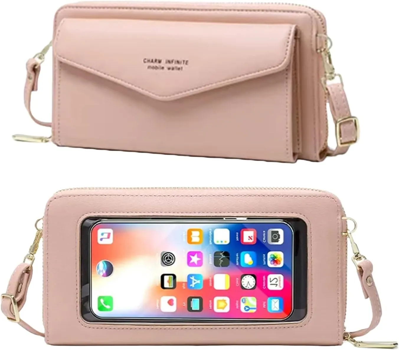 Faux Leather Crossbody Phone Bag for Women, RFID Blocking Touch Screen Wallet Shoulder Handbag with Clear Phone Window