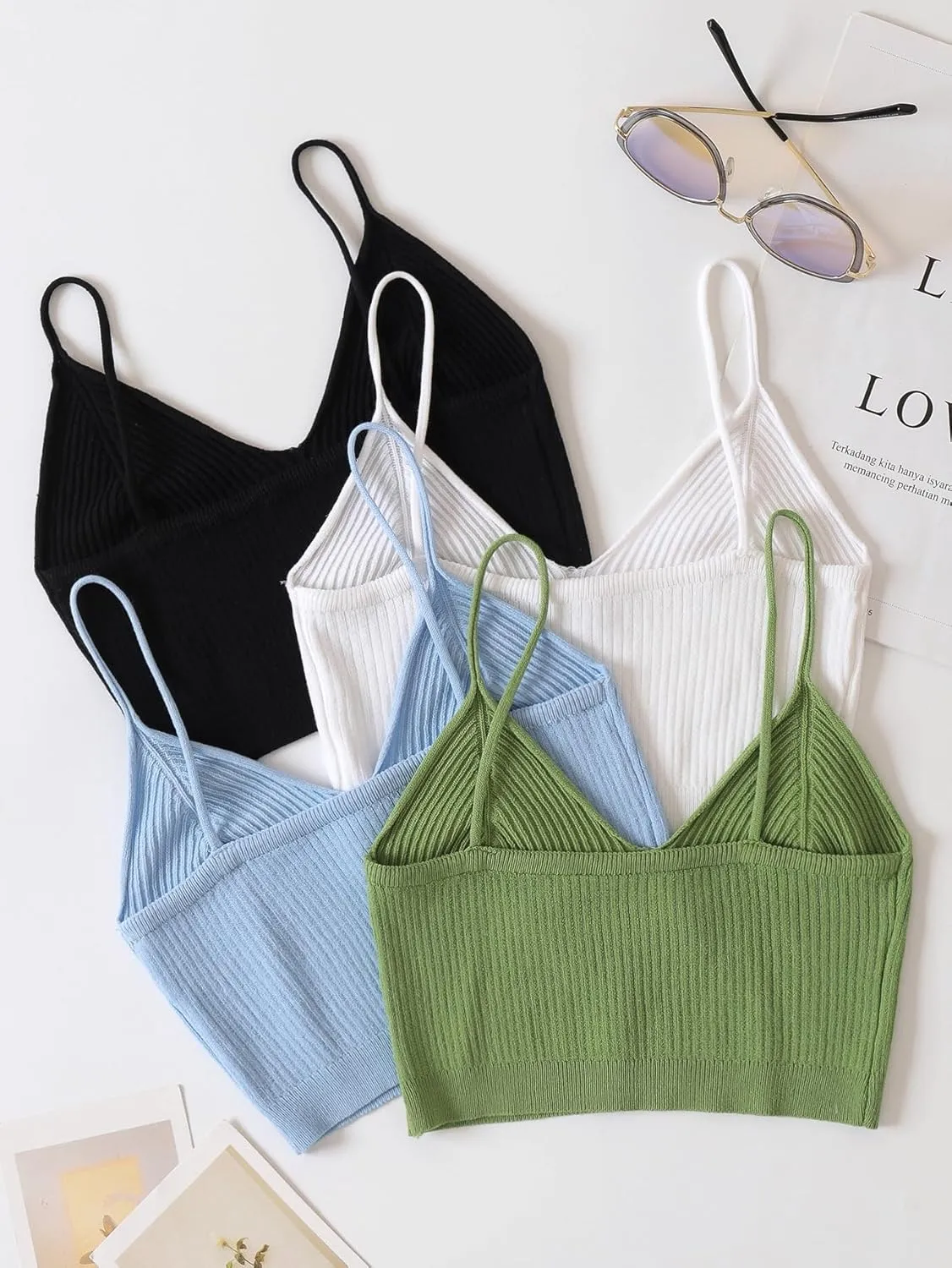 Floerns Women's 4 Piece Solid Camisole Spaghetti Strap Slim Fit Crop Cami Top