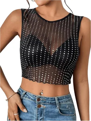 Floerns Women's Sequin Mesh Sheer Crew Neck Tank Top Sleeveless See Through Crop Tops