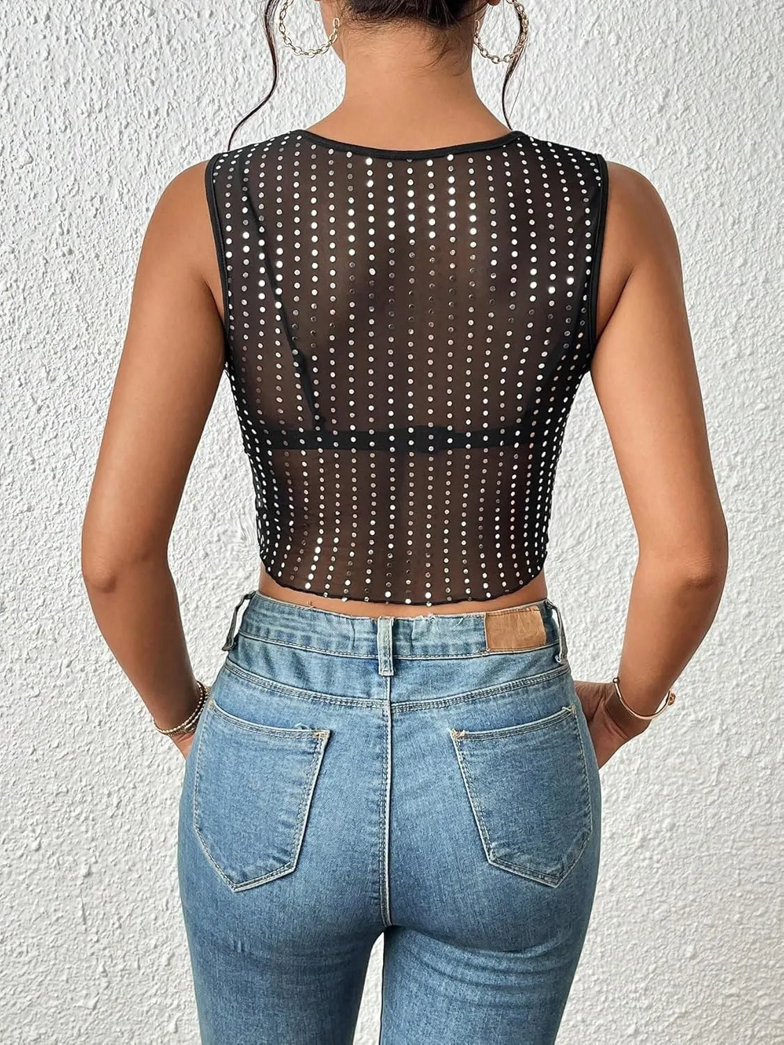 Floerns Women's Sequin Mesh Sheer Crew Neck Tank Top Sleeveless See Through Crop Tops