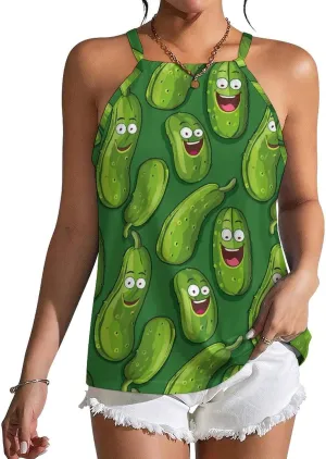 Funny Cucumber Women's Tank Top Sleeveless Spaghetti Straps Tie Back Print T-shirt Tops