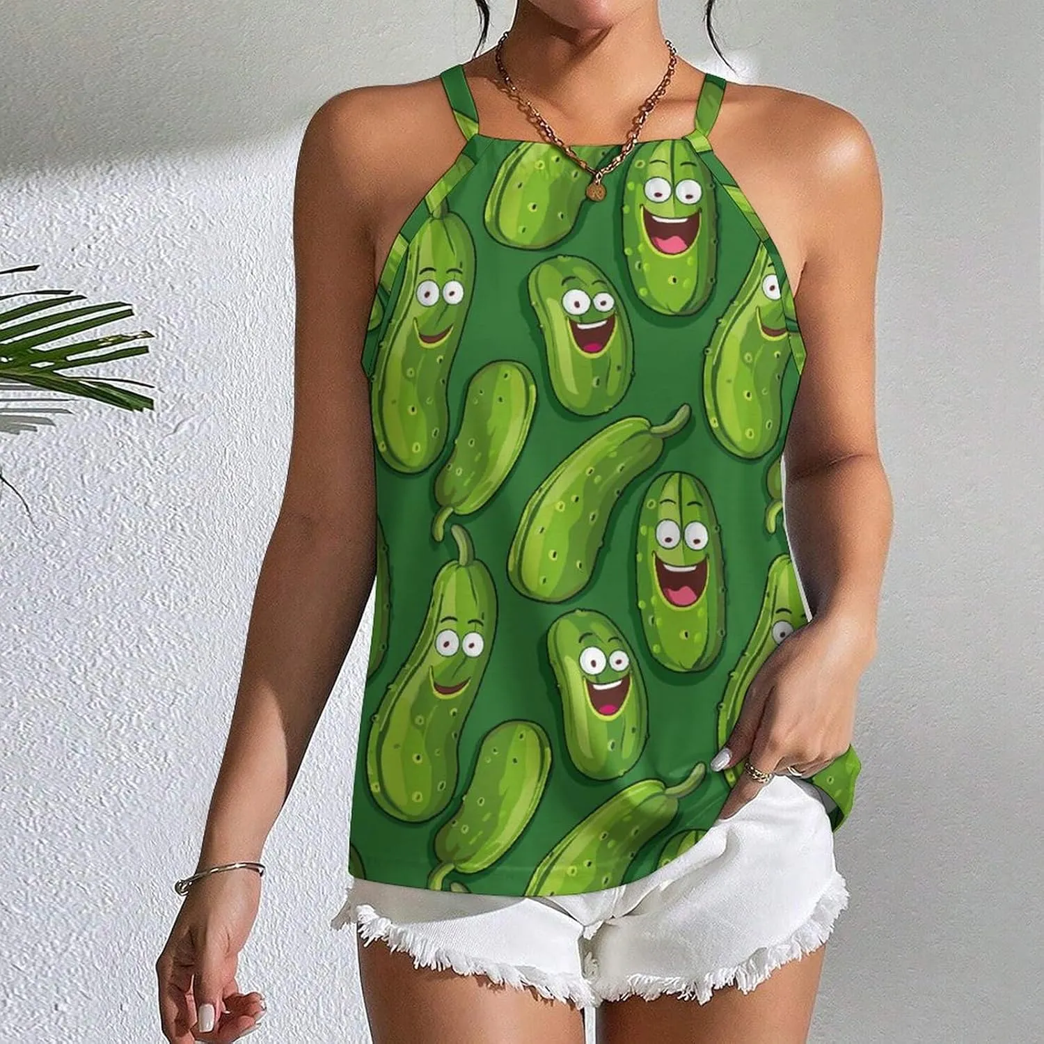 Funny Cucumber Women's Tank Top Sleeveless Spaghetti Straps Tie Back Print T-shirt Tops