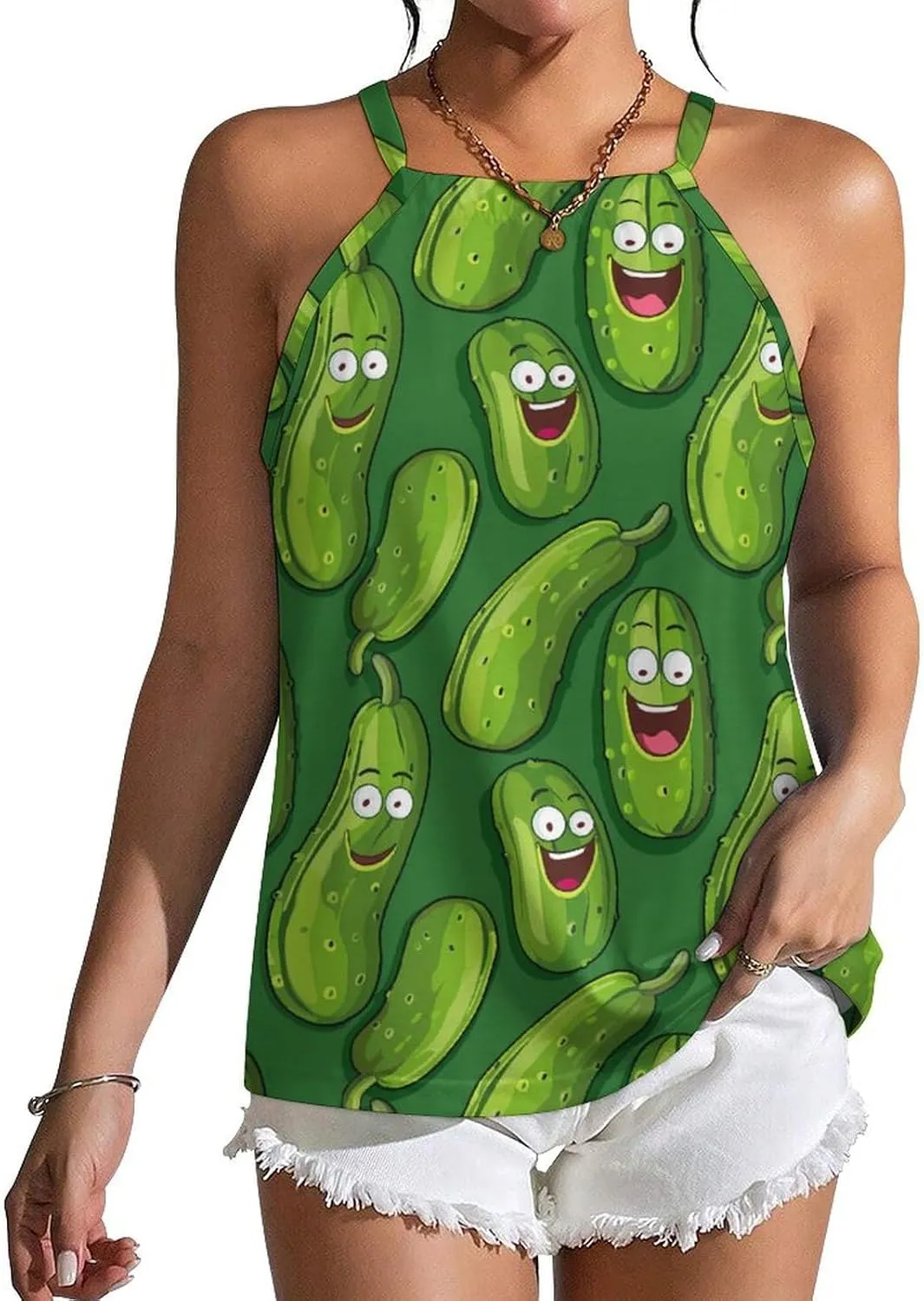 Funny Cucumber Women's Tank Top Sleeveless Spaghetti Straps Tie Back Print T-shirt Tops