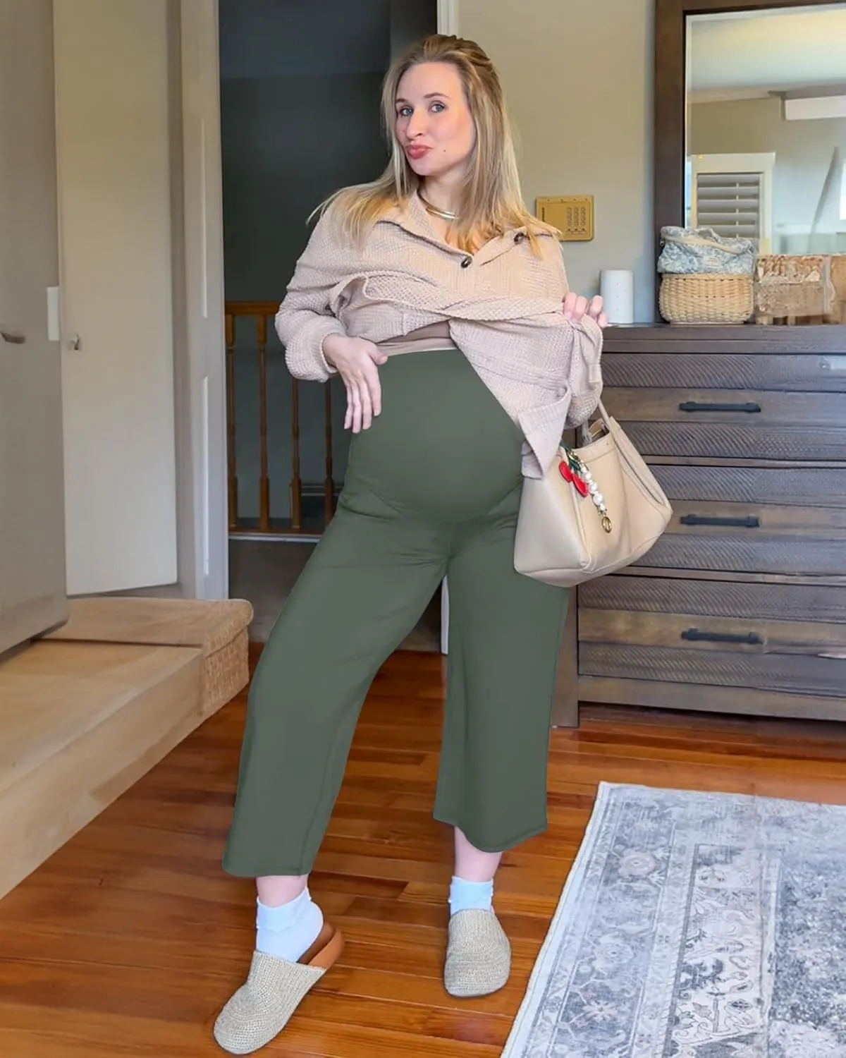 G4Free Wide Leg Maternity Yoga Capris Over The Belly Stretch Pregnancy Cropped Pants with Pockets
