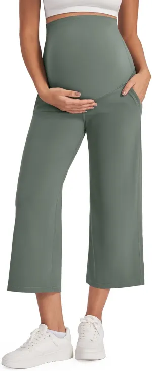 G4Free Wide Leg Maternity Yoga Capris Over The Belly Stretch Pregnancy Cropped Pants with Pockets