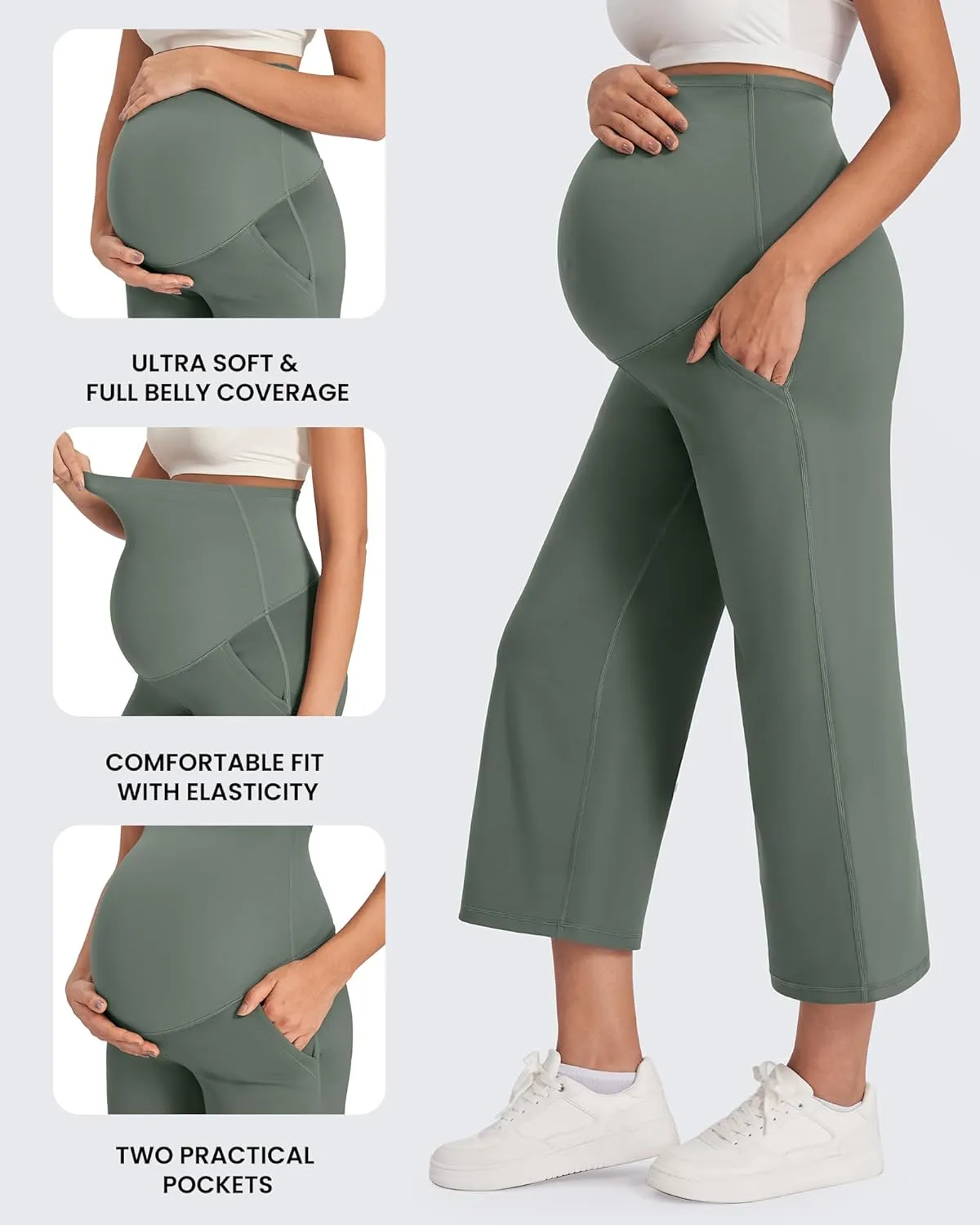 G4Free Wide Leg Maternity Yoga Capris Over The Belly Stretch Pregnancy Cropped Pants with Pockets