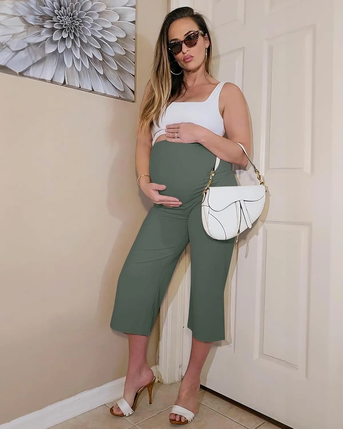 G4Free Wide Leg Maternity Yoga Capris Over The Belly Stretch Pregnancy Cropped Pants with Pockets