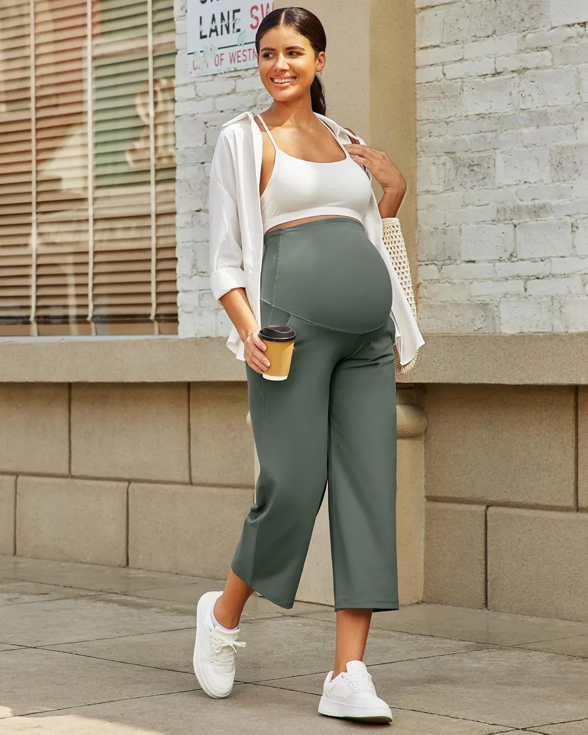 G4Free Wide Leg Maternity Yoga Capris Over The Belly Stretch Pregnancy Cropped Pants with Pockets