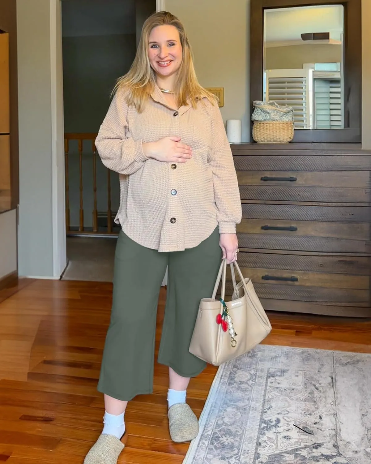 G4Free Wide Leg Maternity Yoga Capris Over The Belly Stretch Pregnancy Cropped Pants with Pockets