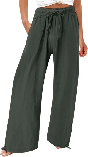 GIERIDUC Womens Linen Pants 2025 Summer Casual Loose Wide Leg Palazzo Pants Business Smocked High Waist Flowy Beach Trousers