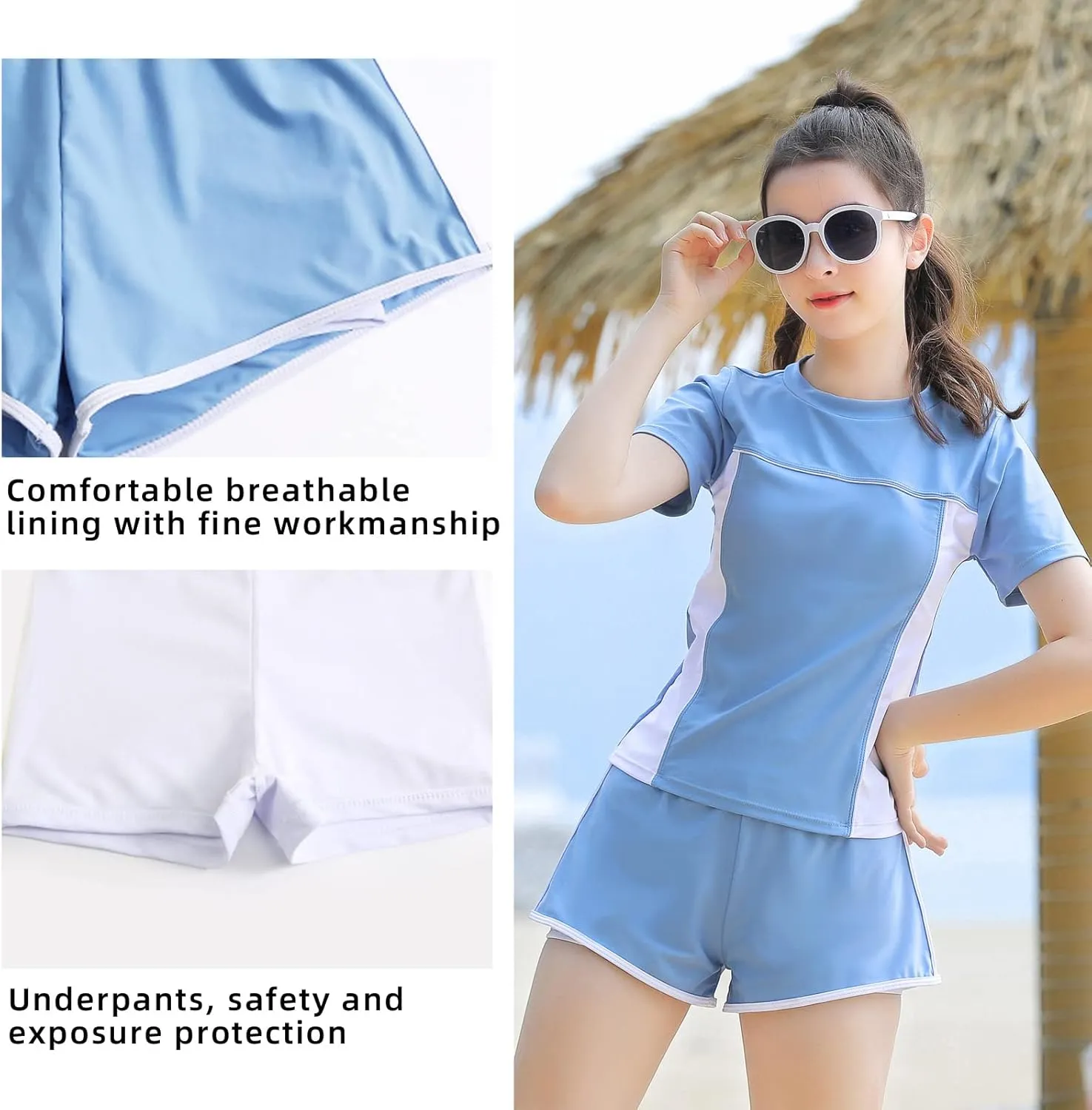 Girls Swimsuits, Kids Two-Piece Rashguard Swim Set Bathing Suits Beach Shorts Quick Dry Swim Shirts Size 6-7,8,10-12,14-16