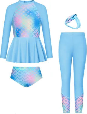 GRACE KARIN Girls Long Sleeve Swimsuit Mermaid Bathing Suit Rash Guard Swimwear 4 Piece Size 5-12