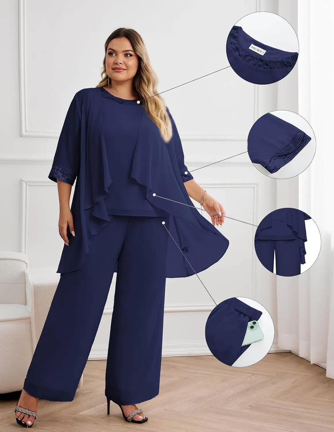Hanna Nikole Plus Size Mother of The Bride Pant Suits 3 Piece Chiffon Sets Wedding Guest Gowns Formal Outfits with Jacket
