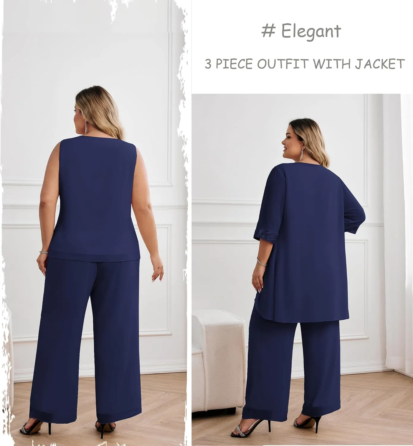 Hanna Nikole Plus Size Mother of The Bride Pant Suits 3 Piece Chiffon Sets Wedding Guest Gowns Formal Outfits with Jacket