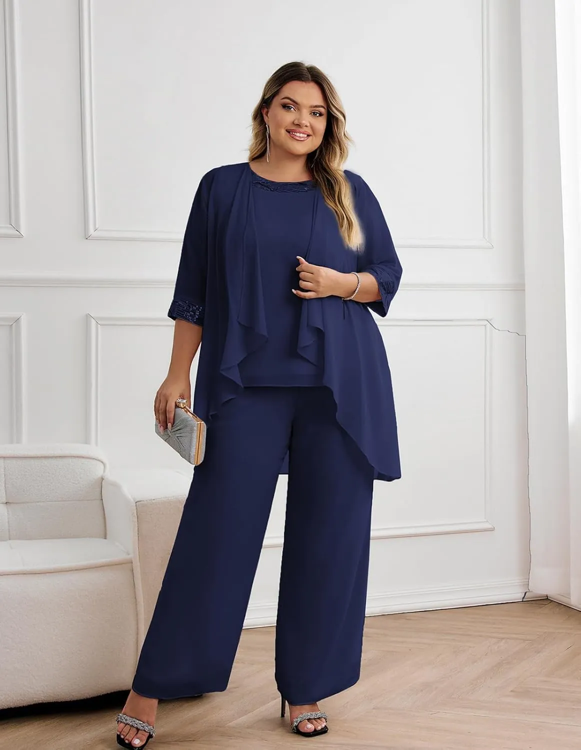 Hanna Nikole Plus Size Mother of The Bride Pant Suits 3 Piece Chiffon Sets Wedding Guest Gowns Formal Outfits with Jacket