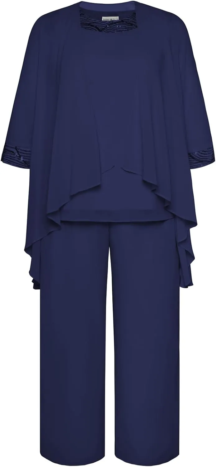 Hanna Nikole Plus Size Mother of The Bride Pant Suits 3 Piece Chiffon Sets Wedding Guest Gowns Formal Outfits with Jacket