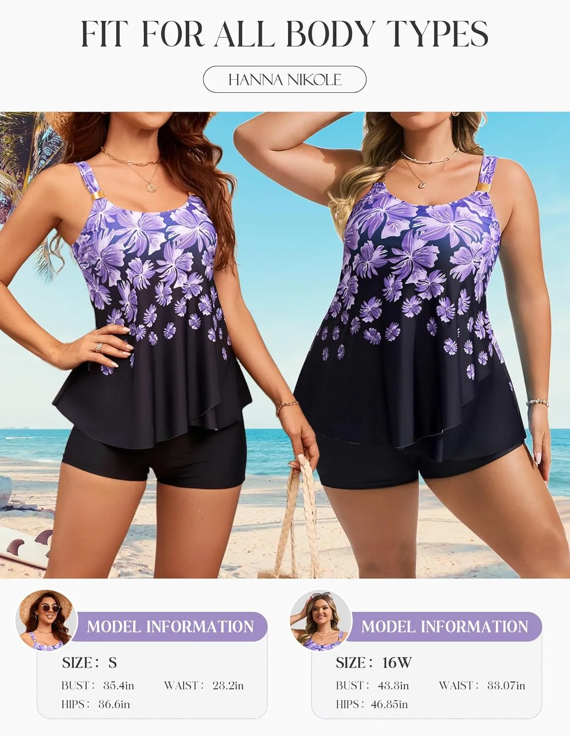 Hanna Nikole Womens Tankini Swimsuits 2 Piece Bathing Suit Flowy Ruffle Tankini Tops with Swim Shorts