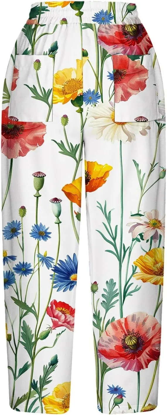 Hawaii Capri Pants for Women Casual Tropical Floral Print Pants Elastic High Waist Drawstring Summer Beach Trousers